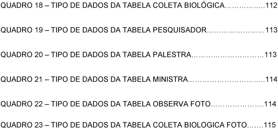 DADOS DA TABELA PALESTRA 113 QUADRO 21 TIPO DE DADOS DA TABELA MINISTRA.