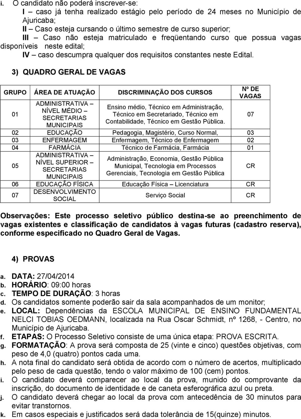 3) QUADRO GERAL DE VAGAS GRUPO ÁREA DE ATUAÇÃO DISCRIMINAÇÃO DOS CURSOS 01 ADMINISTRATIVA NÍVEL MÉDIO SECRETARIAS MUNICIPAIS Ensino médio, Técnico em Administração, Técnico em Secretariado, Técnico