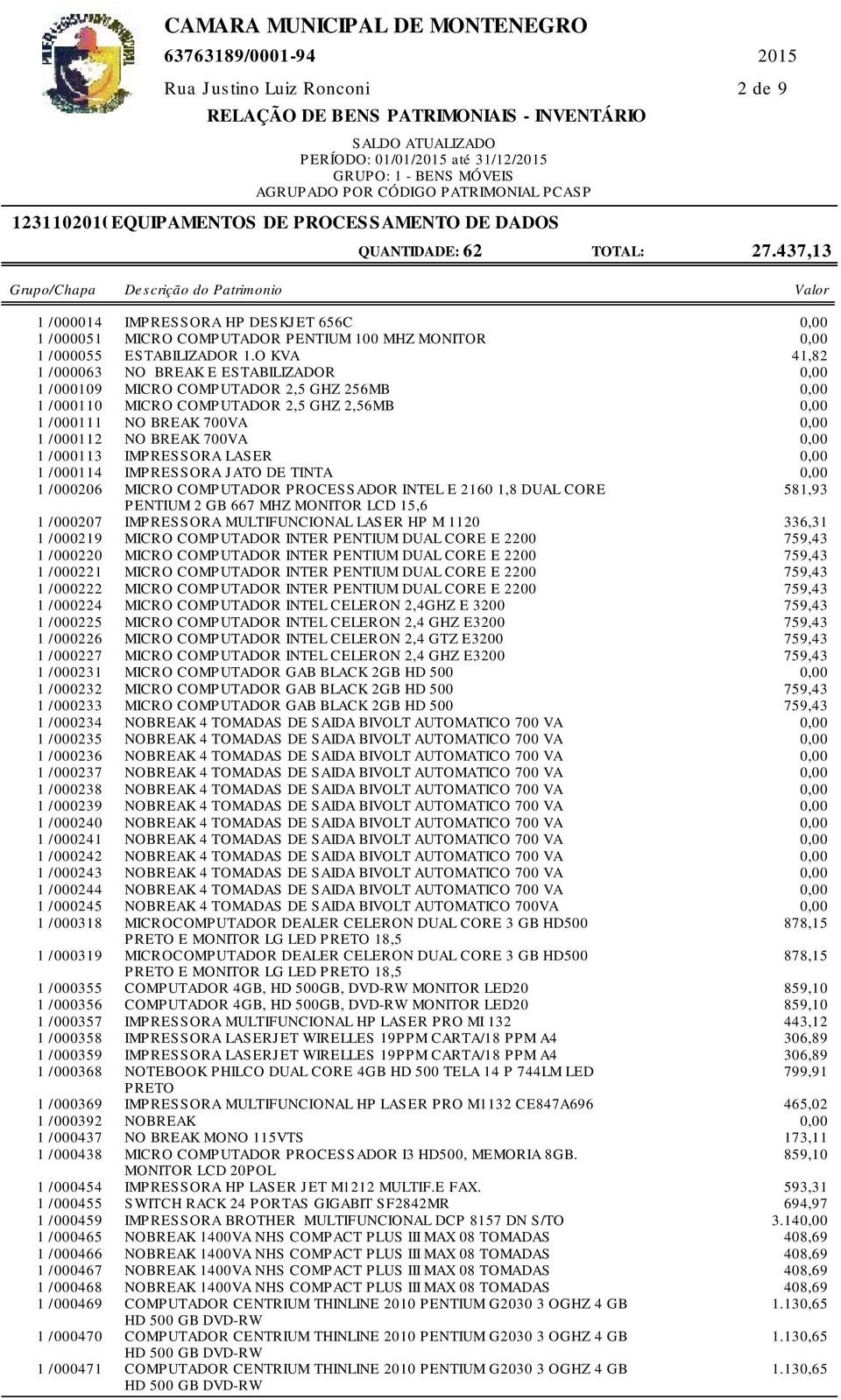 O KVA 41,82 1 /000063 NO BREAK E ESTABILIZADOR 1 /000109 MICRO COMPUTADOR 2,5 GHZ 256MB 1 /000110 MICRO COMPUTADOR 2,5 GHZ 2,56MB 1 /000111 NO BREAK 700VA 1 /000112 NO BREAK 700VA 1 /000113