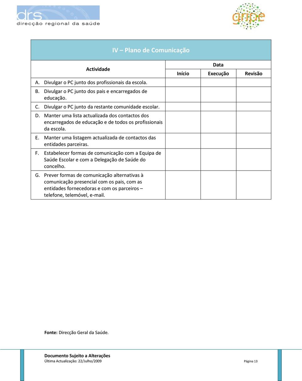 Estabelecer formas de comunicação com a Equipa de Saúde Escolar e com a Delegação de Saúde do concelho. G.