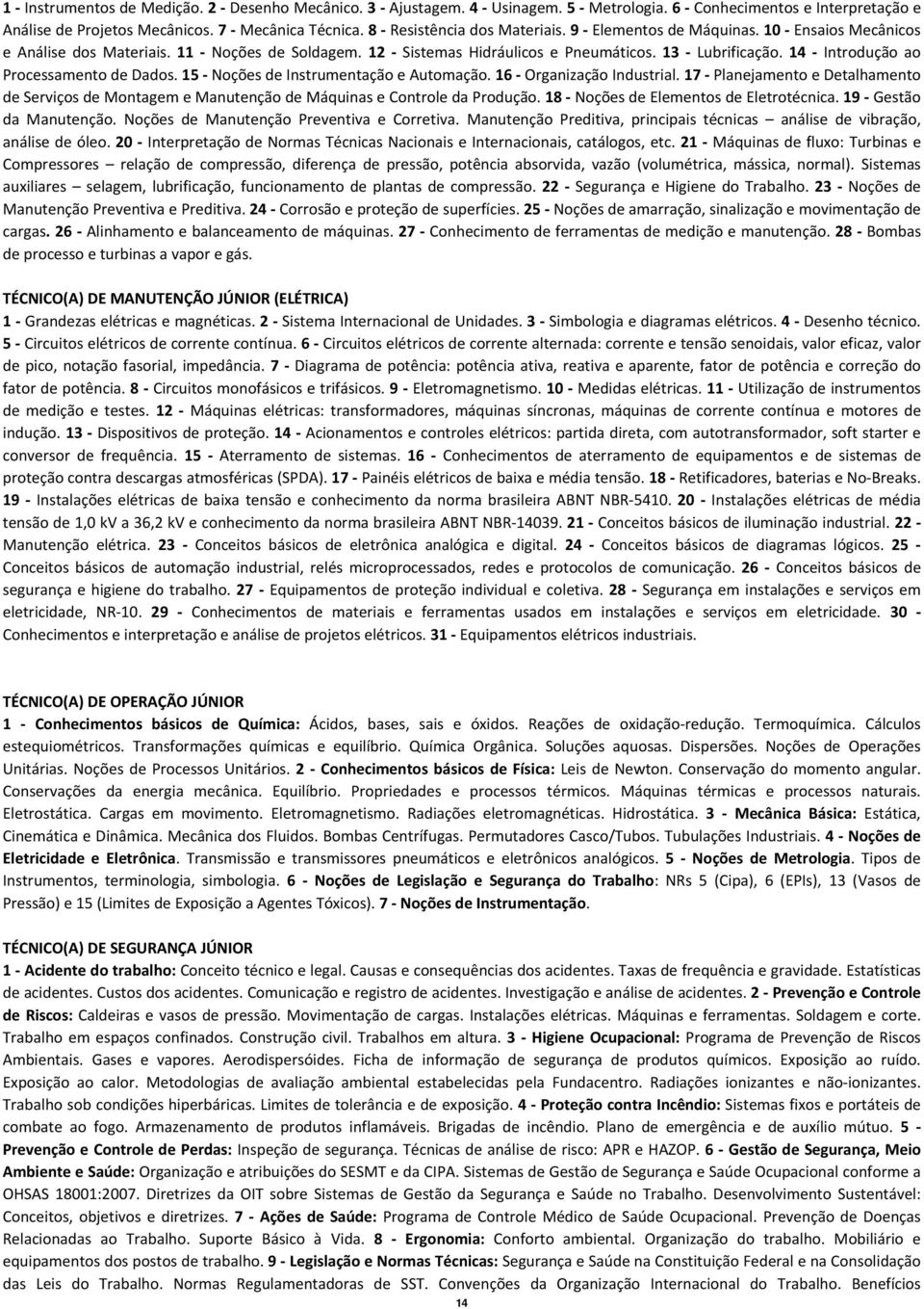 15 Noções de Instrumentação e Automação. 16 Organização Industrial. 17 Planejamento e Detalhamento de Serviços de Montagem e Manutenção de Máquinas e Controle da Produção.