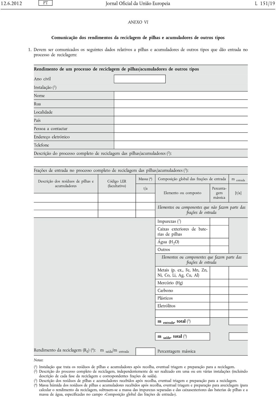 outros tipos Ano civil Instalação ( 1 ) Rua Localidade País Pessoa a contactar Endereço eletrónico Telefone Descrição do processo completo de reciclagem das pilhas/acumuladores ( 2 ): Frações de