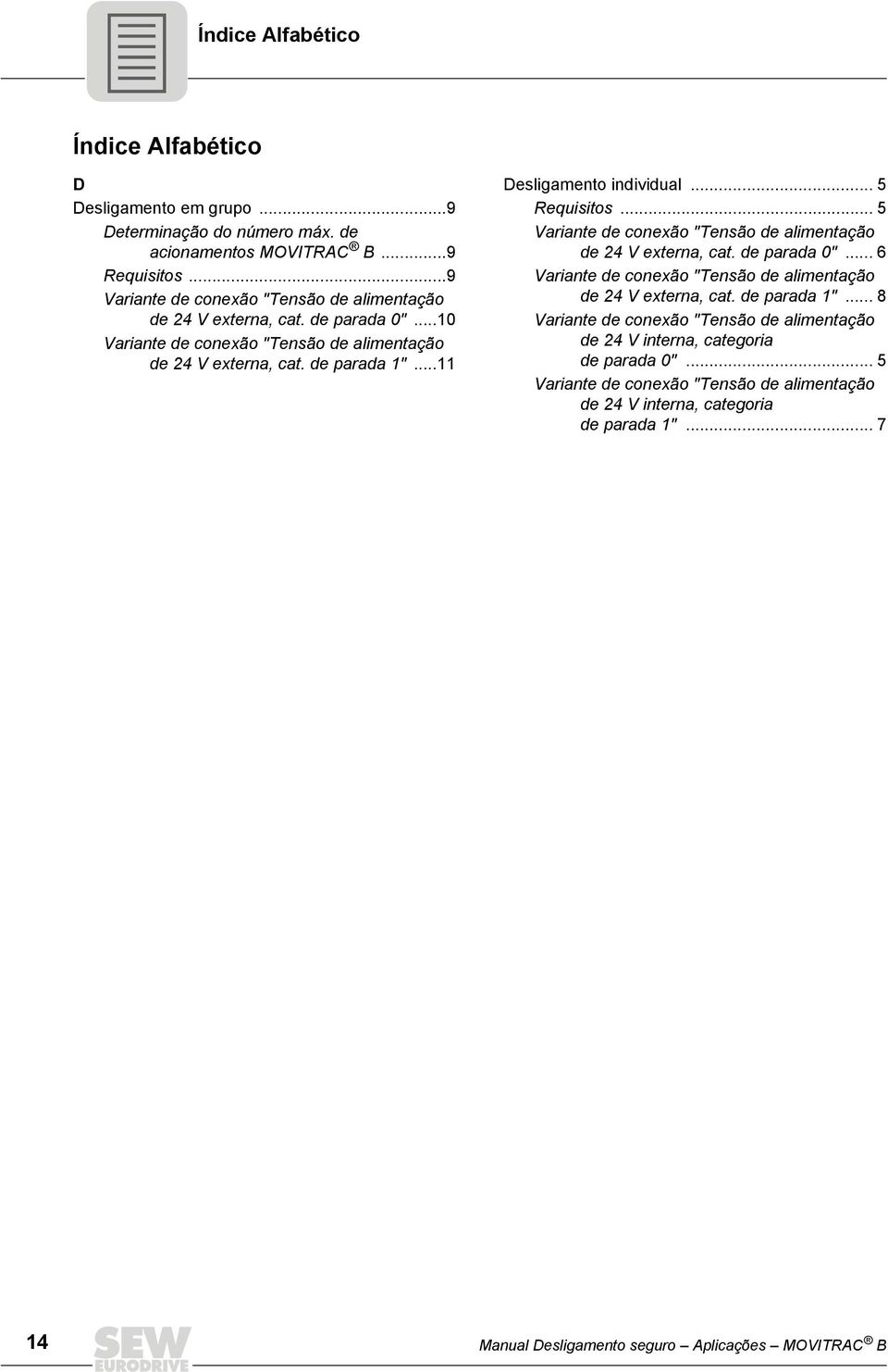 .. Desligamento individual... 5 Requisitos... 5 Variante de conexão "Tensão de alimentação de V externa, cat. de parada 0".