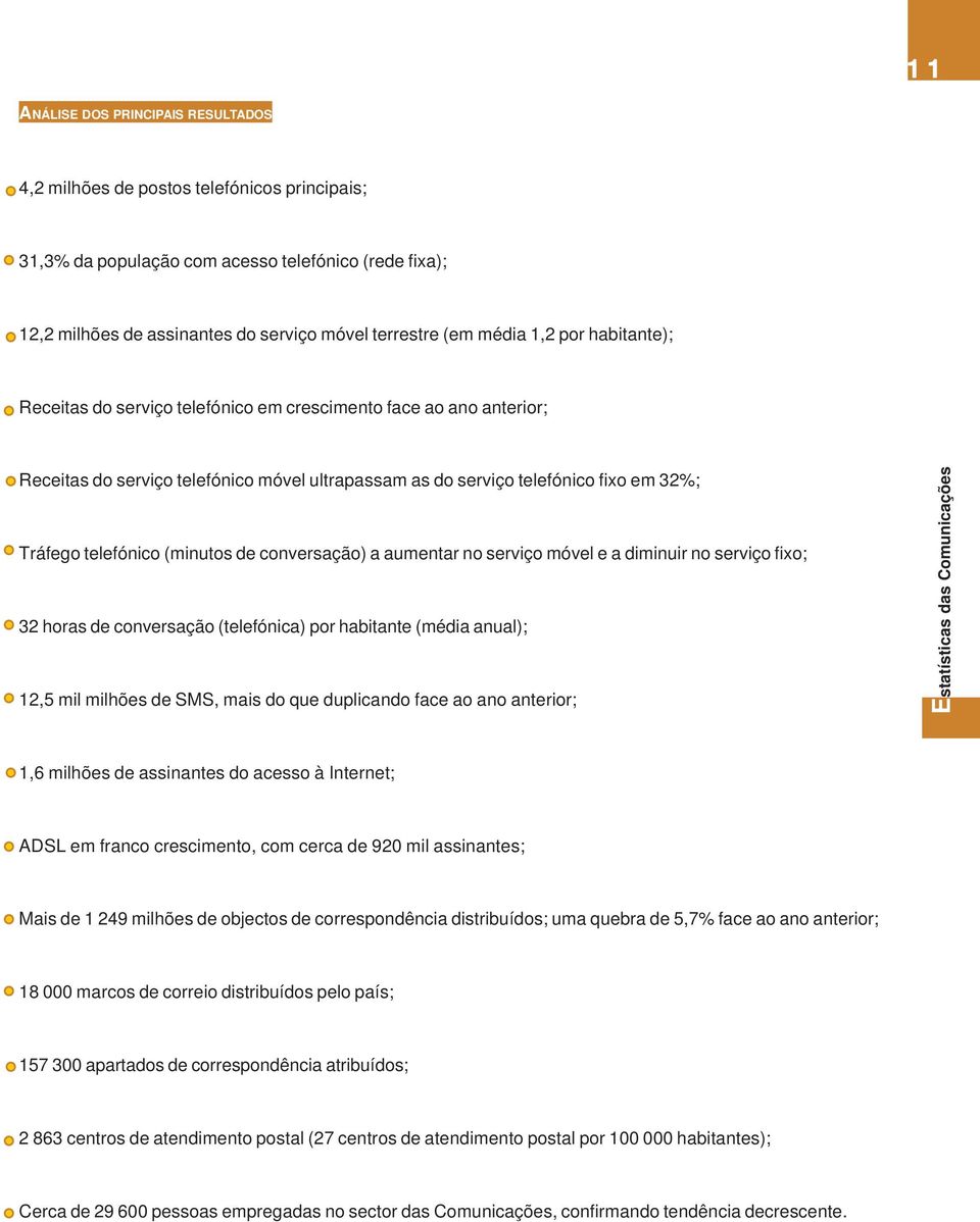 (minutos de conversação) a aumentar no serviço móvel e a diminuir no serviço fixo; 32 horas de conversação (telefónica) por habitante (média anual); 12,5 mil milhões de SMS, mais do que duplicando