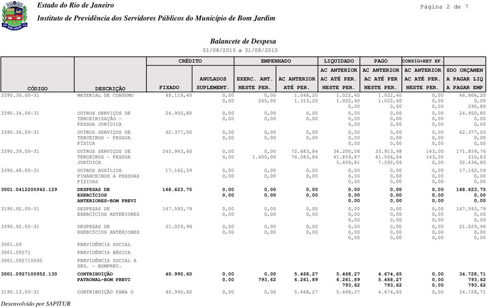 129 DESPESAS DE EXERCÍCIOS ANTERIORES-BOM PREVI 3190.92.00-31 DESPESAS DE EXERCÍCIOS ANTERIORES 3390.92.00-31 DESPESAS DE EXERCÍCIOS ANTERIORES 3001.09 PREVIDÊNCIA SOCIAL 3001.