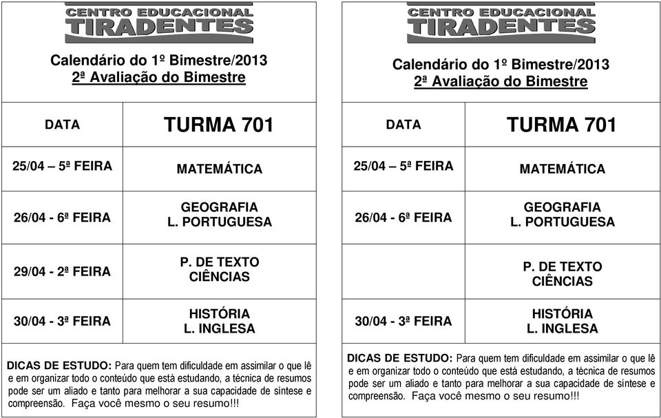 MATEMÁTICA 26/04-6ª FEIRA 26/04-6ª