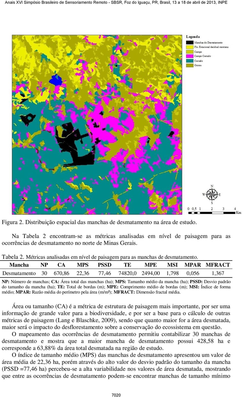 Mancha NP CA MPS PSSD TE MPE MSI MPAR MFRACT Desmatamento 30 670,86 22,36 77,46 74820,0 2494,00 1,798 0,056 1,367 NP: Número de manchas; CA: Área total das manchas (ha); MPS: Tamanho médio da mancha