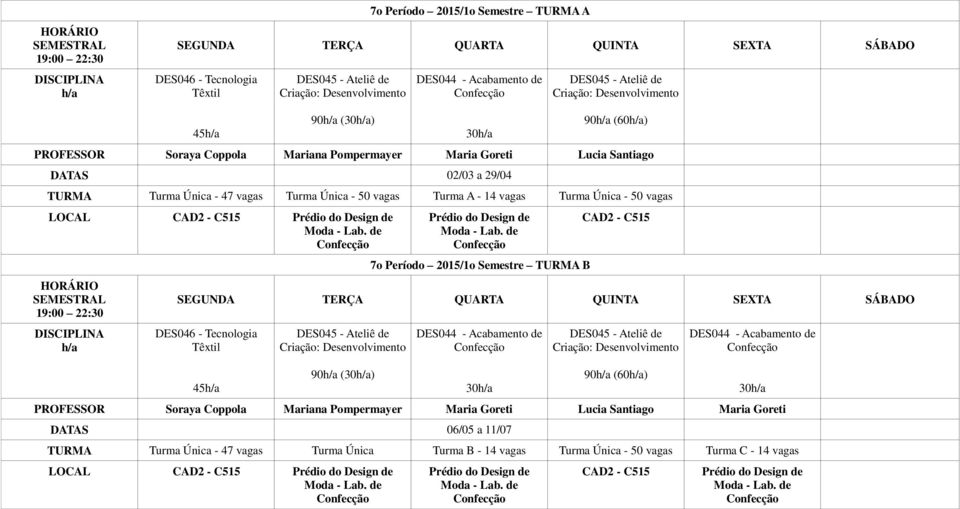 Semestre TURMA B CAD2 - C515 DES046 - Tecnologia Têxtil 90 (30) 30 90 (60) PROFESSOR Soraya Coppola Mariana Pompermayer Maria Goreti Lucia Santiago