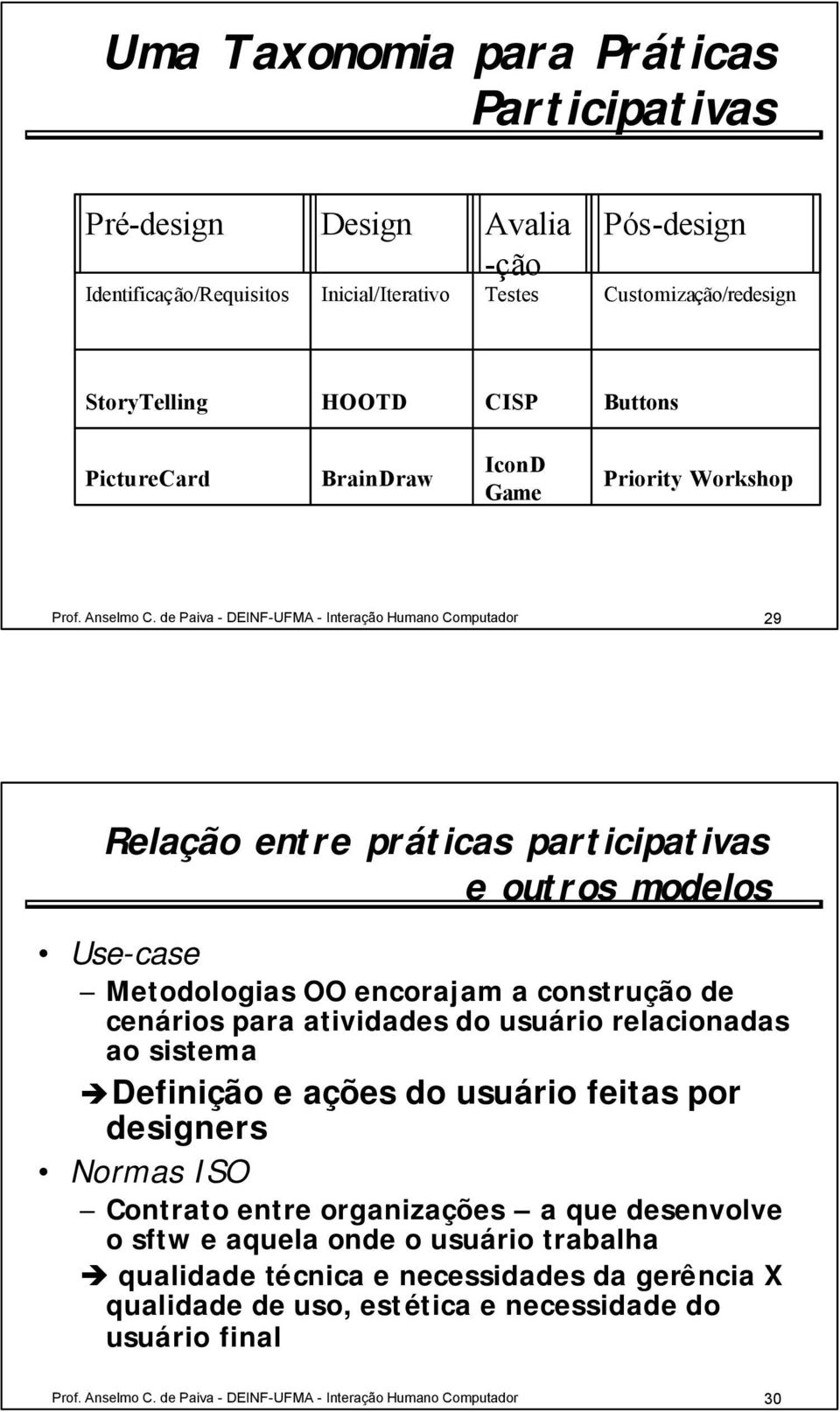 de Paiva - DEINF-UFMA - Interação Humano Computador 29 Relação entre práticas participativas e outros modelos Use-case Metodologias OO encorajam a construção de cenários para atividades do usuário