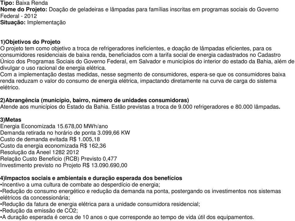 Sociais do Governo Federal, em Salvador e municípios do interior do estado da Bahia, além de divulgar o uso racional de energia elétrica.