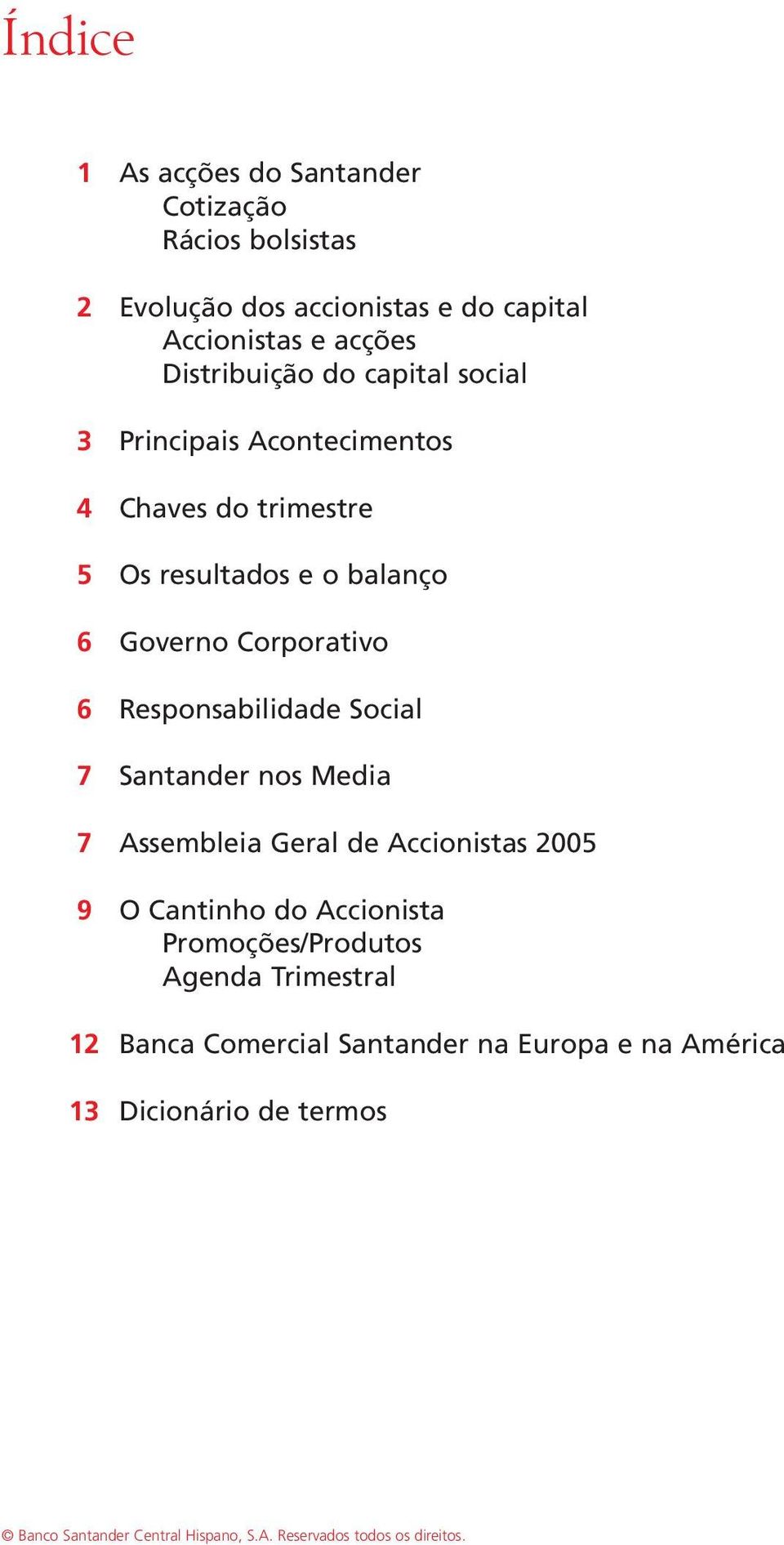 Responsabilidade Social Santander nos Media Assembleia Geral de Accionistas 2005 O Cantinho do Accionista Promoções/Produtos Agenda