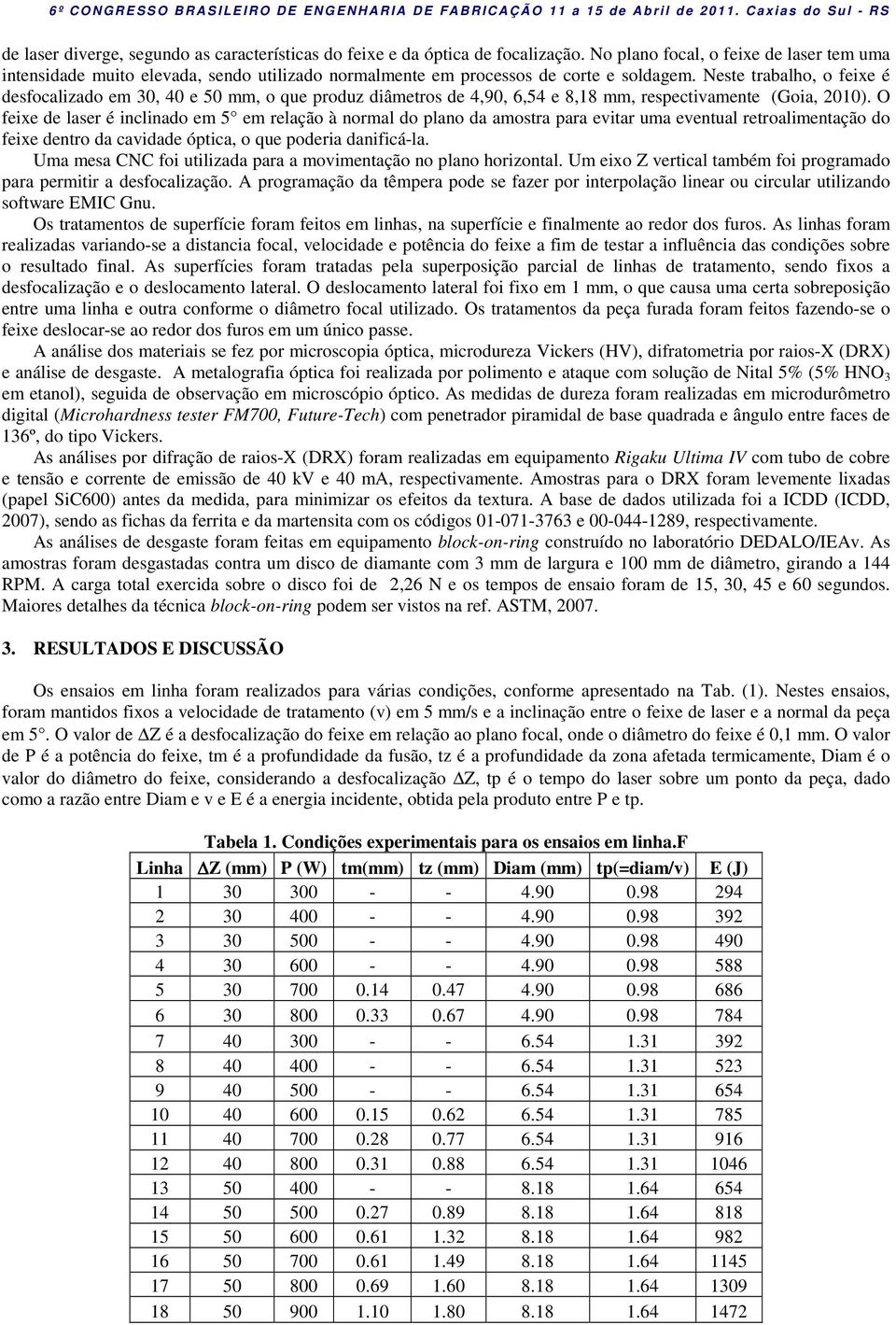 Neste trabalho, o feixe é desfocalizado em 30, 40 e 50 mm, o que produz diâmetros de 4,90, 6,54 e 8,18 mm, respectivamente (Goia, 2010).