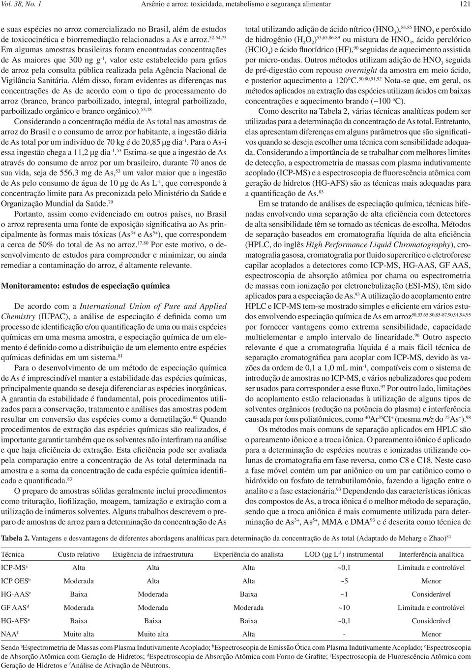 52-54,73 Em algumas amostras brasileiras foram encontradas concentrações de As maiores que 300 ng g -1, valor este estabelecido para grãos de arroz pela consulta pública realizada pela Agência