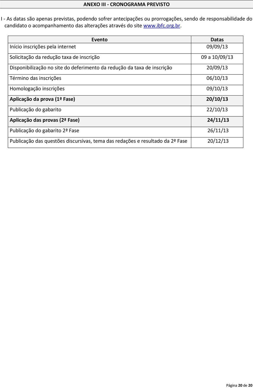 Evento Datas Início inscrições pela internet 09/09/13 Solicitação da redução taxa de inscrição 09 a 10/09/13 Disponibilização no site do deferimento da redução da taxa de inscrição
