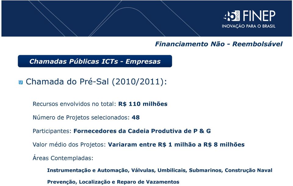 Produtiva de P & G Valor médio dos Projetos: Variaram entre R$ 1 milhão a R$ 8 milhões Áreas Contempladas: