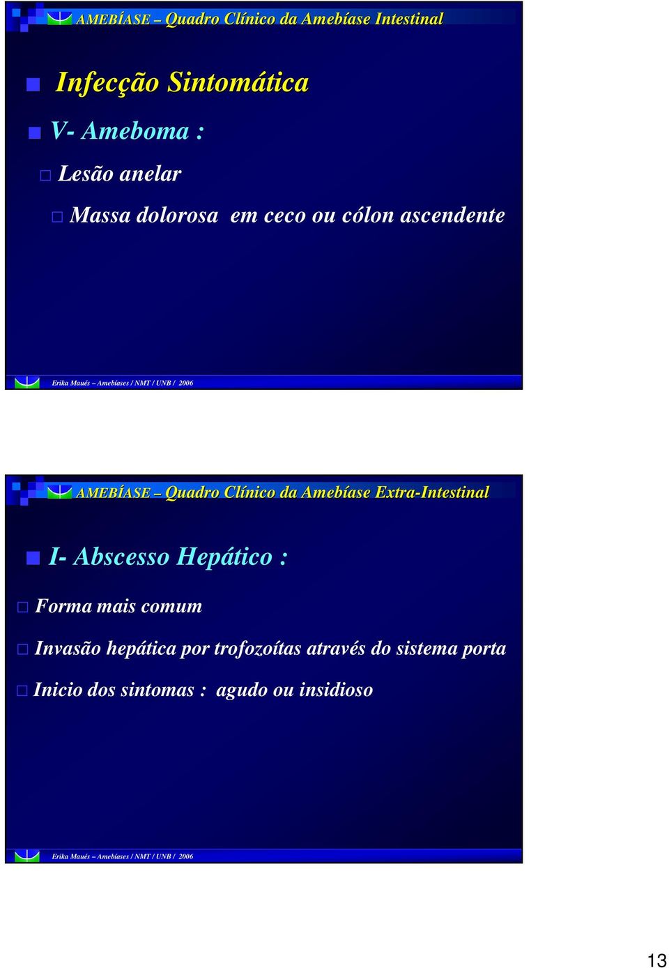 Amebíase Extra-Intestinal I- Abscesso Hepático : Forma mais comum Invasão