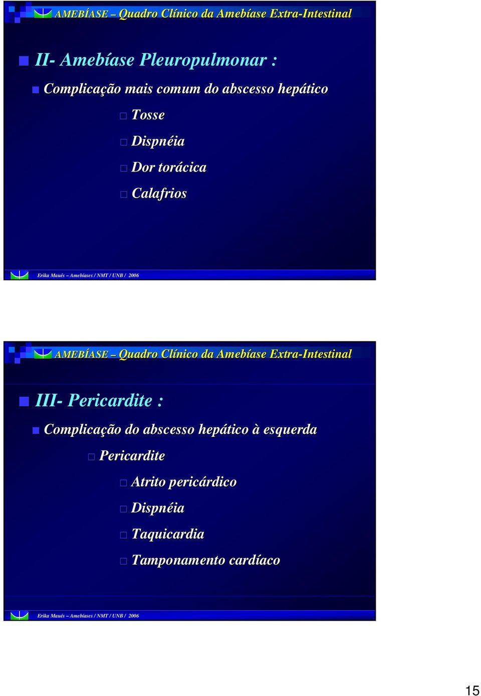 Clínico da Amebíase Extra-Intestinal III- Pericardite : Complicação do abscesso hepático à