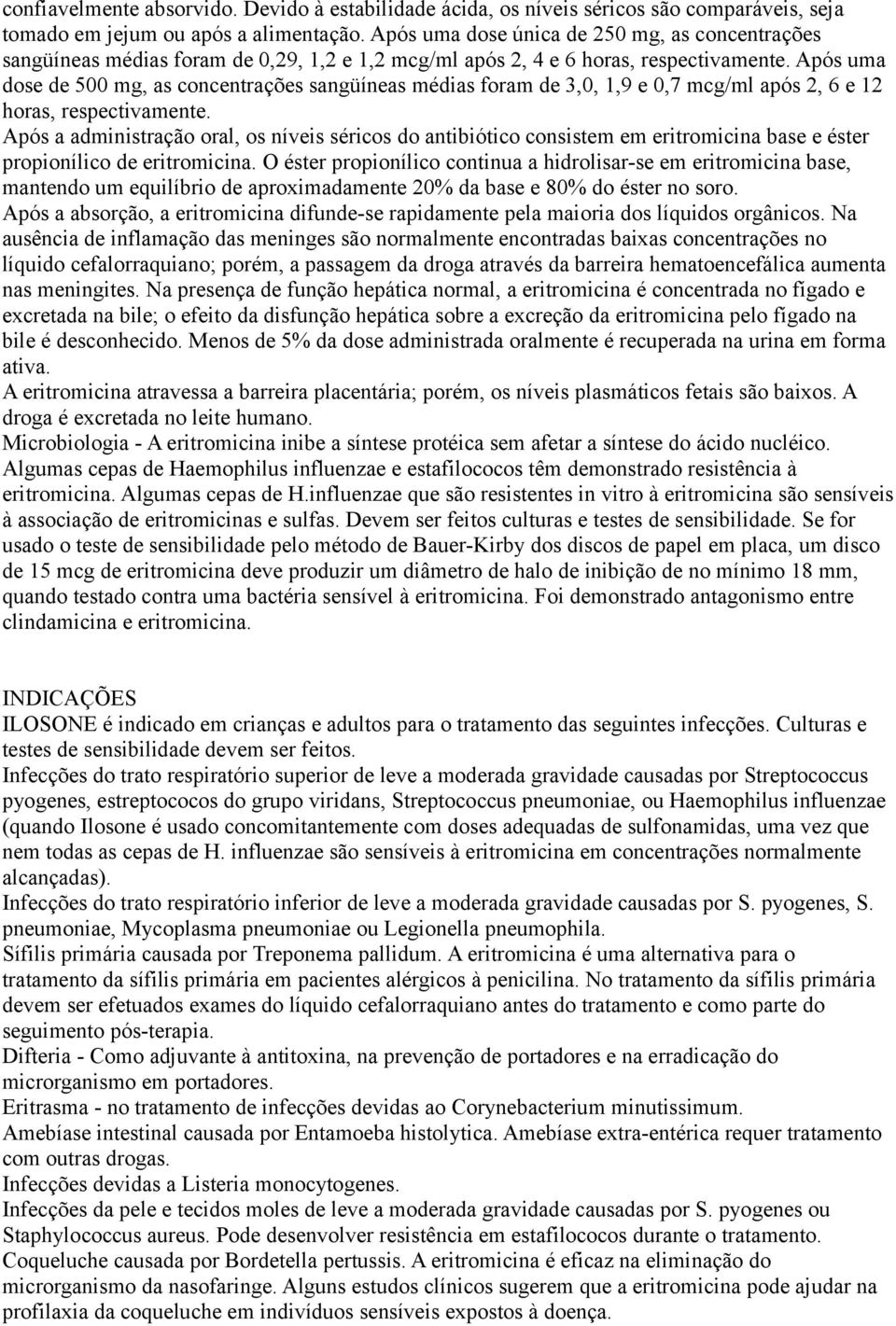 Após uma dose de 500 mg, as concentrações sangüíneas médias foram de 3,0, 1,9 e 0,7 mcg/ml após 2, 6 e 12 horas, respectivamente.