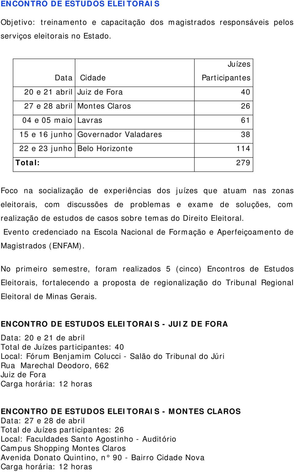 Foco na socialização de experiências dos juízes que atuam nas zonas eleitorais, com discussões de problemas e exame de soluções, com realização de estudos de casos sobre temas do Direito Eleitoral.