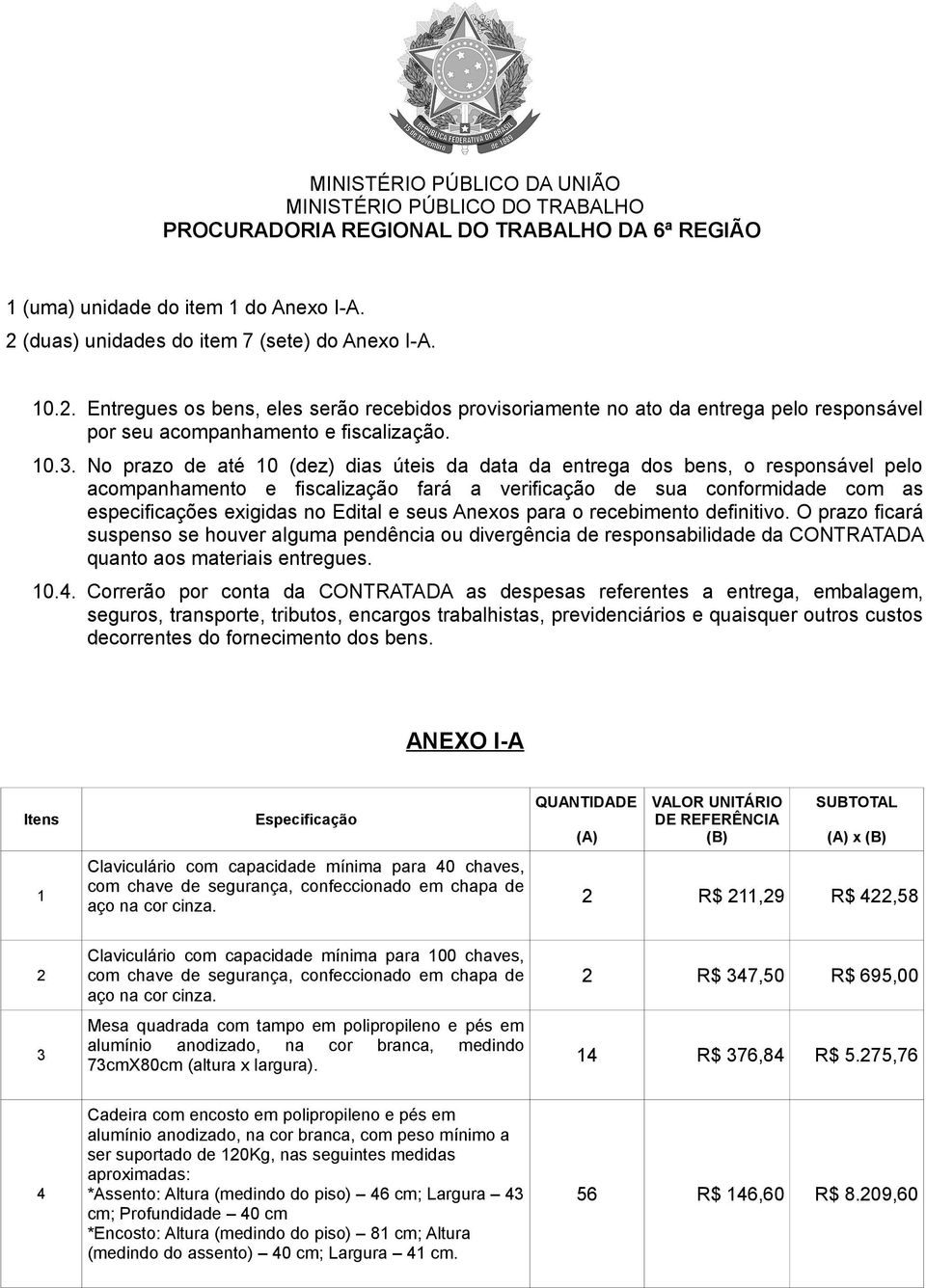 e seus Anexos para o recebimento definitivo. O prazo ficará suspenso se houver alguma pendência ou divergência de responsabilidade da CONTRATADA quanto aos materiais entregues. 10.4.