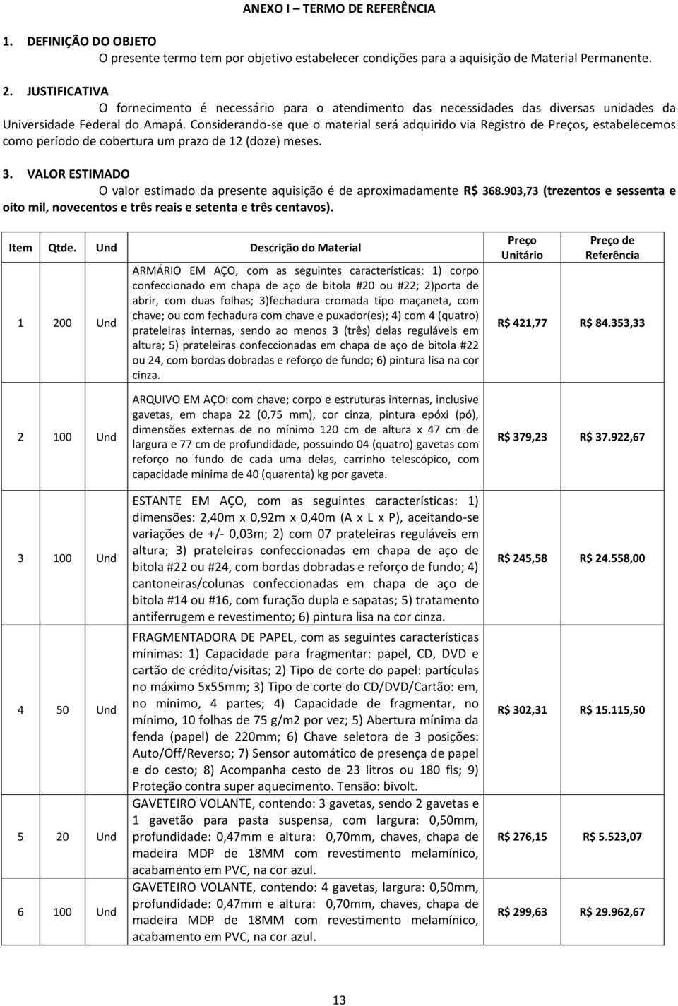 Considerando-se que o material será adquirido via Registro de Preços, estabelecemos como período de cobertura um prazo de 12 (doze) meses. 3.