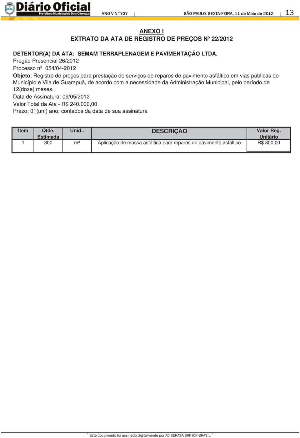 Pregão Presencial 262012 Processo nº 05404-2012 Objeto: Registro de preços para prestação de serviços de reparos de pavimento asfáltico em vias públicas