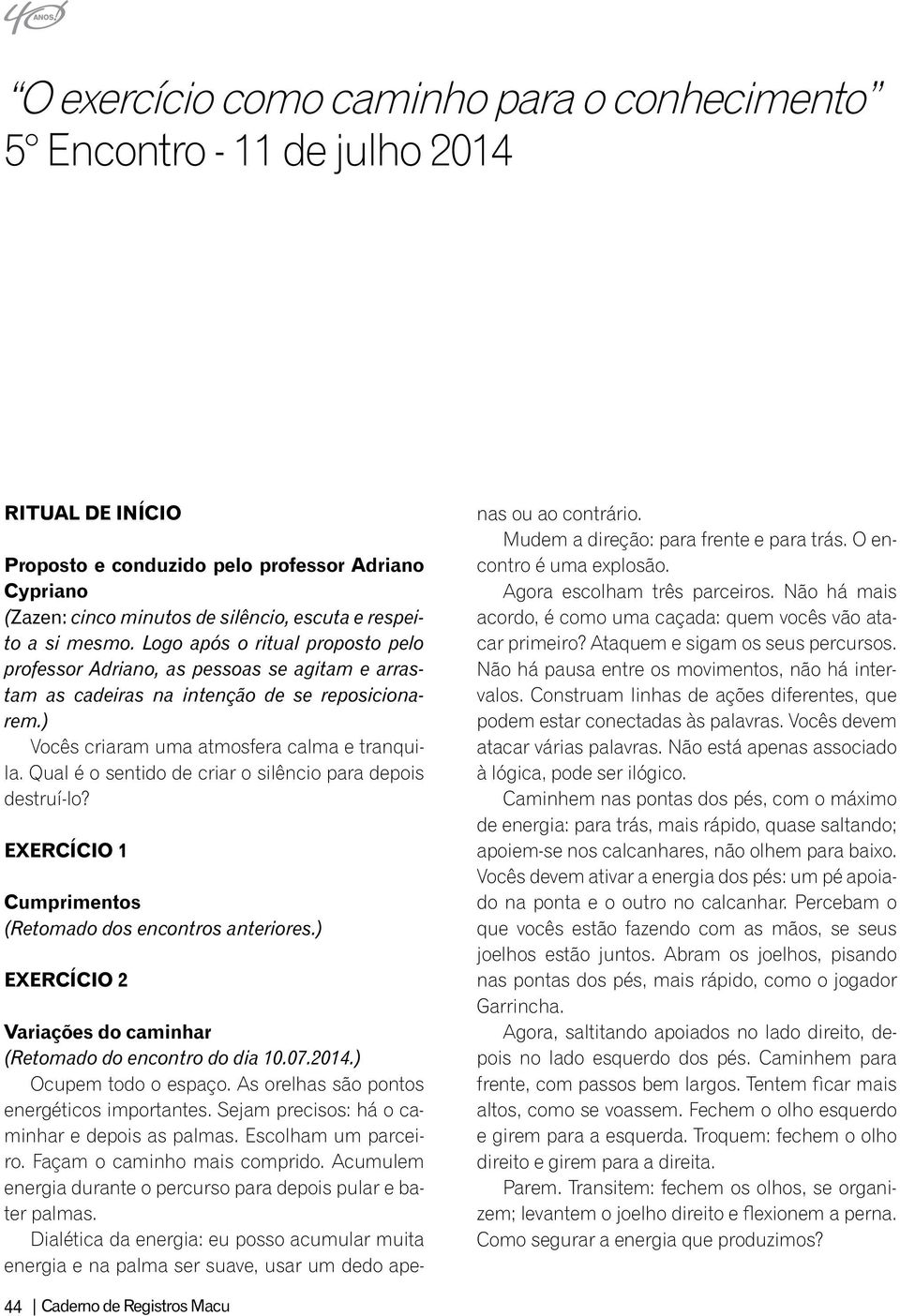 Qual é o sentido de criar o silêncio para depois destruí-lo? EXERCÍCIO 1 Cumprimentos (Retomado dos encontros anteriores.) EXERCÍCIO 2 Variações do caminhar (Retomado do encontro do dia 10.07.2014.