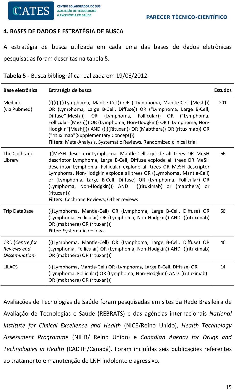 Base eletrônica Estratégia de busca Estudos Medline (via Pubmed) The Cochrane Library Trip DataBase CRD (Centre for Reviews and Dissemination) LILACS ((((((((((Lymphoma, Mantle-Cell)) OR ("Lymphoma,