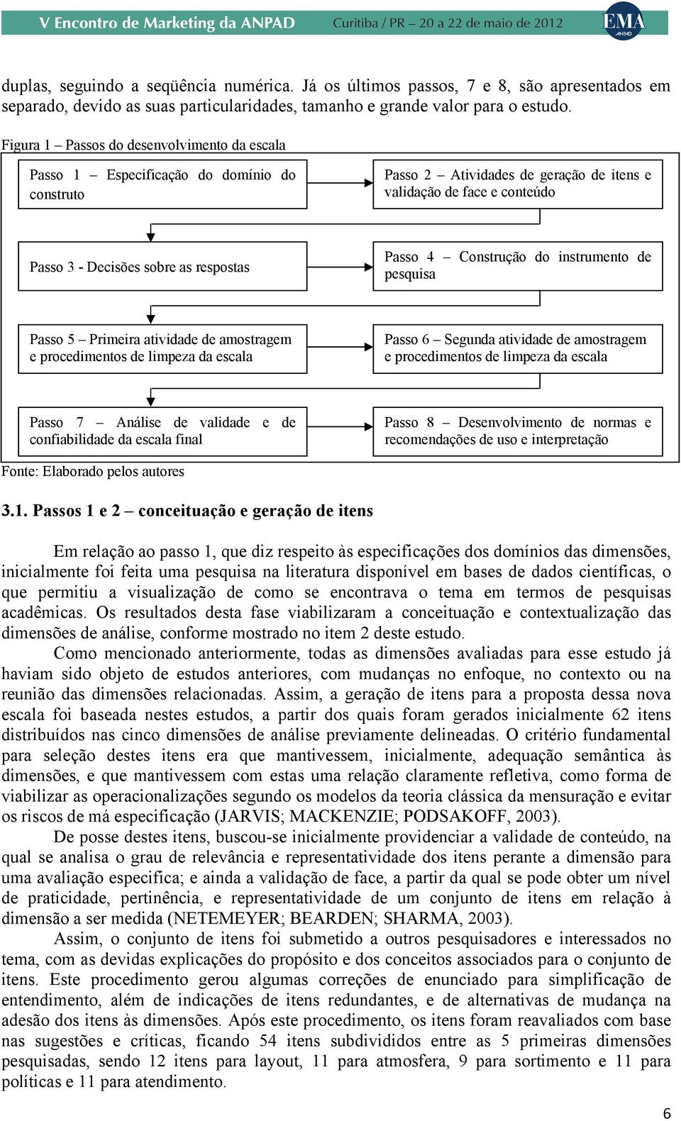 Passo 4 Construção do instrumento de pesquisa Passo 5 Primeira atividade de amostragem e procedimentos de limpeza da escala Passo 6 Segunda atividade de amostragem e procedimentos de limpeza da