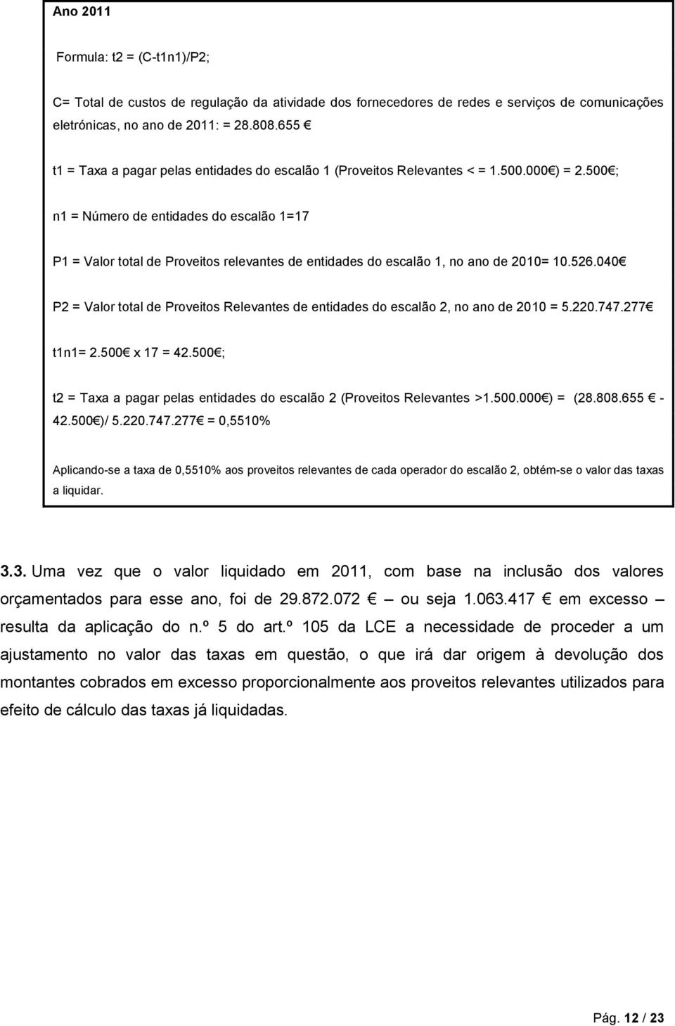 500 ; n1 = Número de entidades do escalão 1=17 P1 = Valor total de Proveitos relevantes de entidades do escalão 1, no ano de 2010= 10.526.