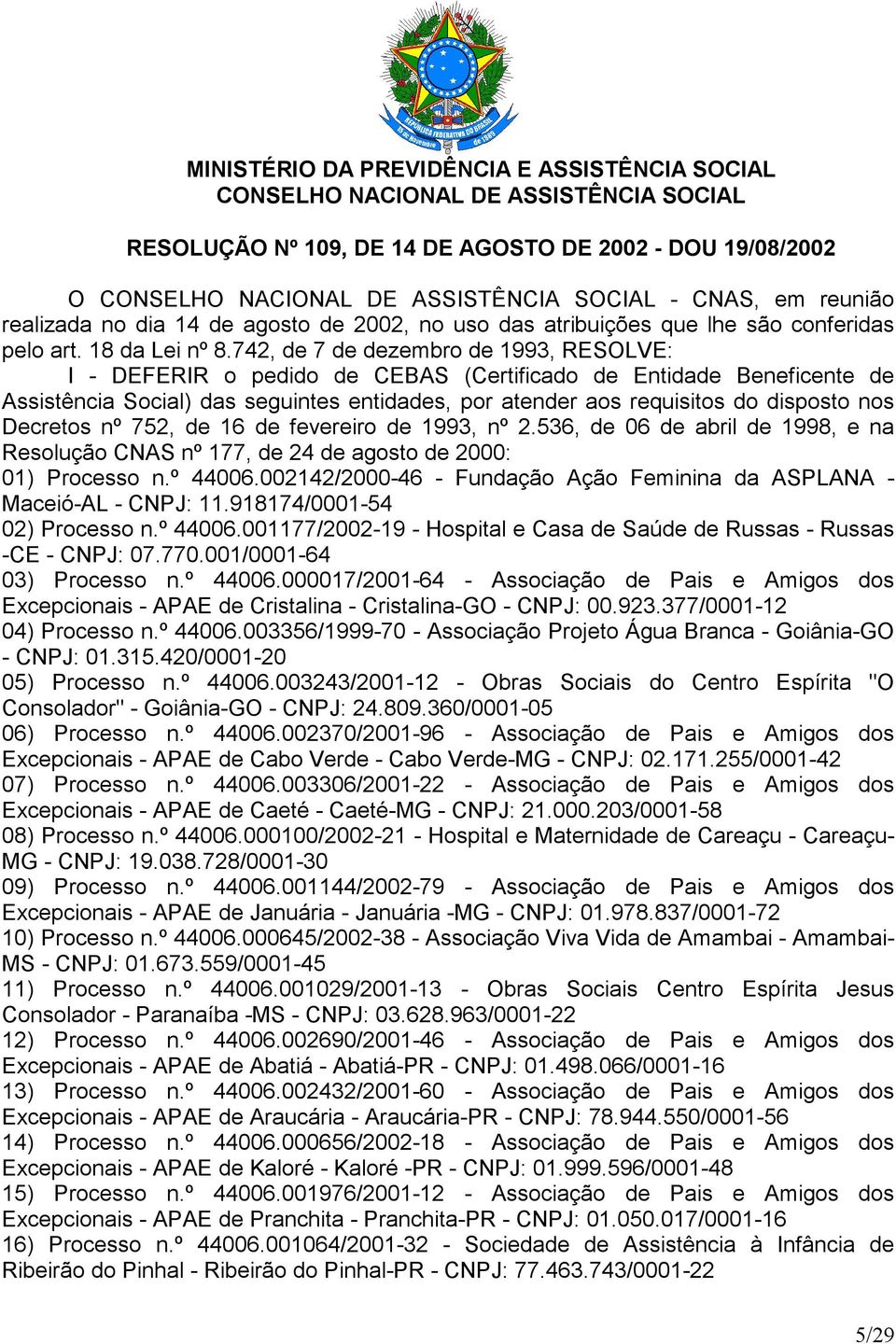 Decretos nº 752, de 16 de fevereiro de 1993, nº 2.536, de 06 de abril de 1998, e na Resolução CNAS nº 177, de 24 de agosto de 2000: 01) Processo n.º 44006.