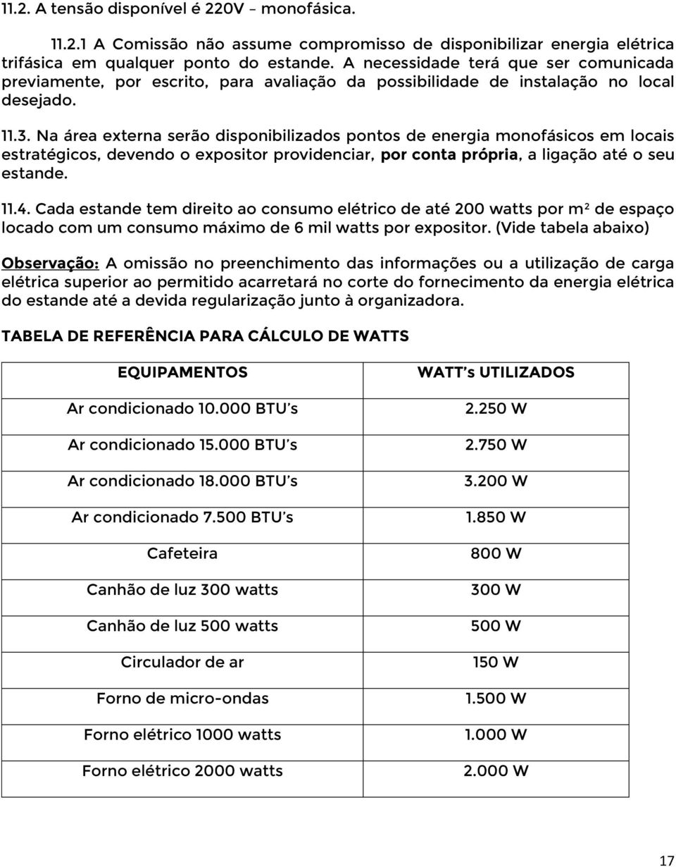 Na área externa serão disponibilizados pontos de energia monofásicos em locais estratégicos, devendo o expositor providenciar, por conta própria, a ligação até o seu estande. 11.4.