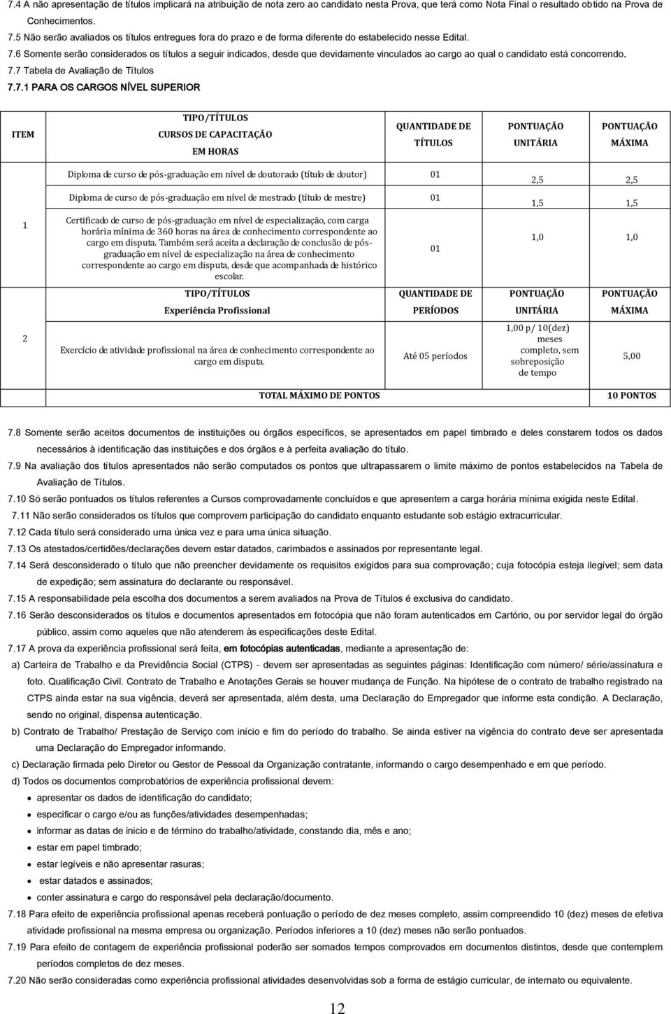 6 Somente serão considerados os títulos a seguir indicados, desde que devidamente vinculados ao cargo ao qual o candidato está concorrendo. 7.