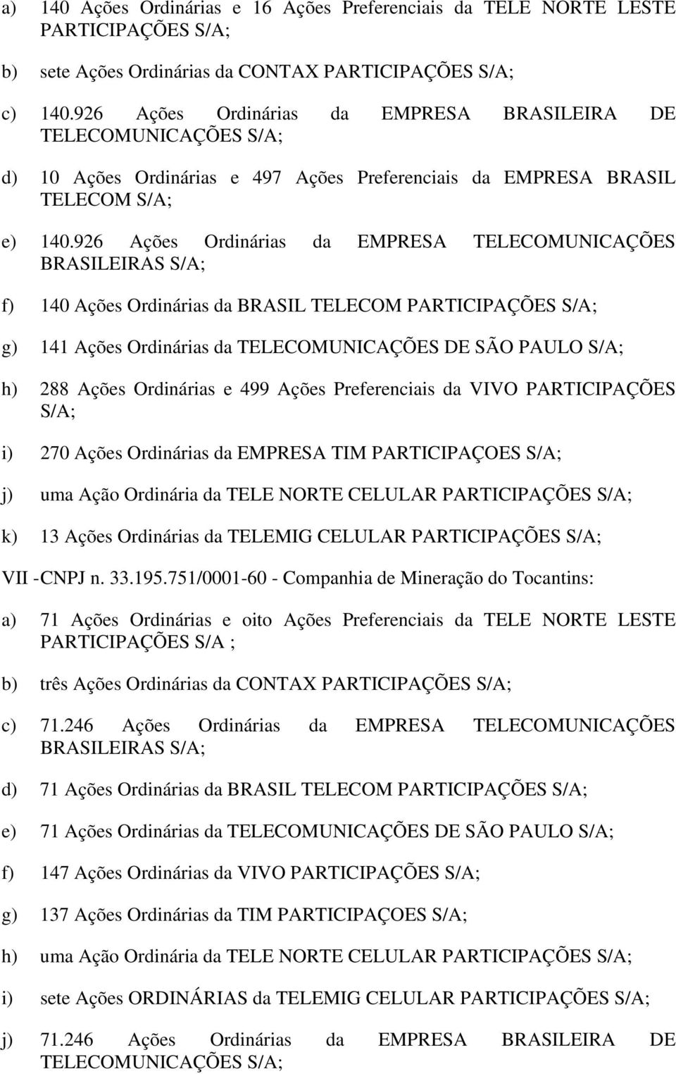 926 Ações Ordinárias da EMPRESA TELECOMUNICAÇÕES BRASILEIRAS f) 140 Ações Ordinárias da BRASIL TELECOM g) 141 Ações Ordinárias da TELECOMUNICAÇÕES DE SÃO PAULO h) 288 Ações Ordinárias e 499 Ações