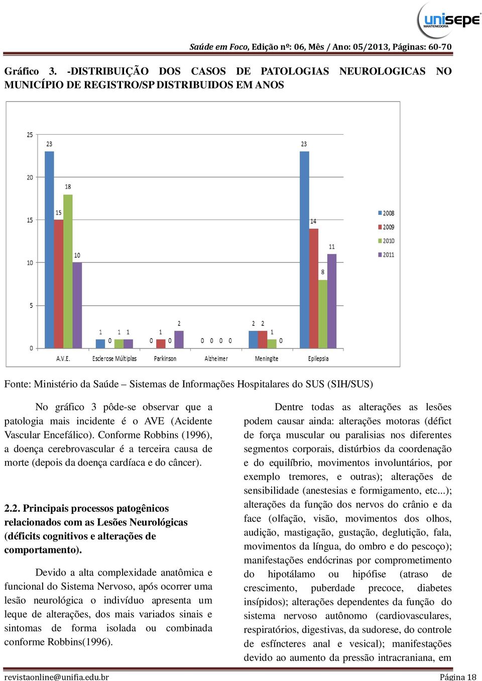 pôde-se observar que a patologia mais incidente é o AVE (Acidente Vascular Encefálico).