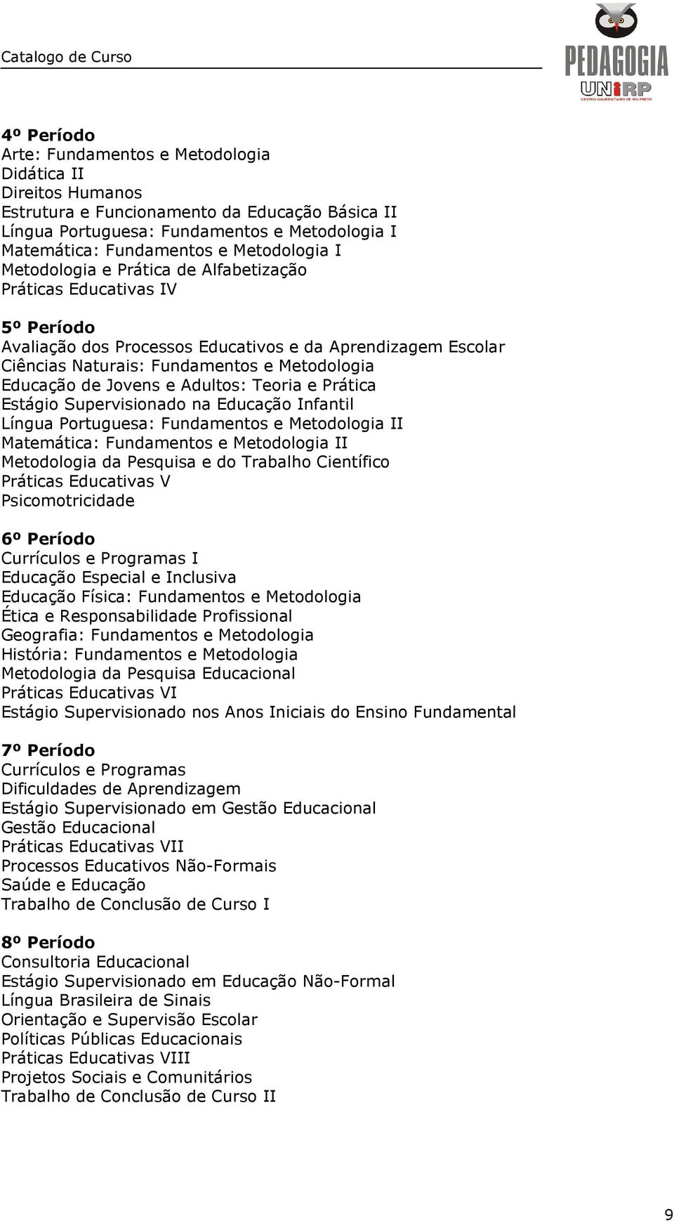 Educação de Jovens e Adultos: Teoria e Prática Estágio Supervisionado na Educação Infantil Língua Portuguesa: Fundamentos e Metodologia II Matemática: Fundamentos e Metodologia II Metodologia da