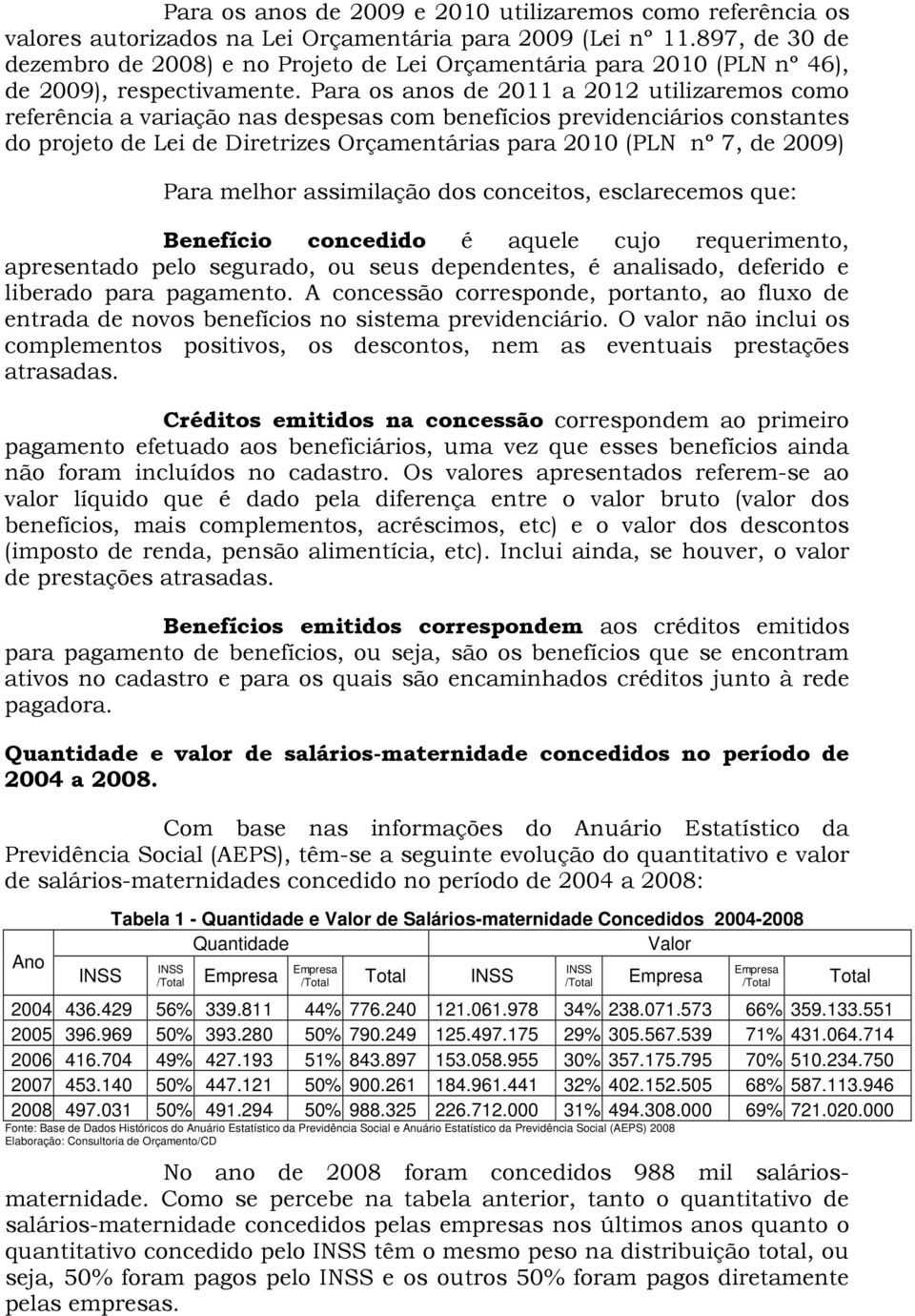 Para os anos de 2011 a 2012 utilizaremos como referência a variação nas despesas com benefícios previdenciários constantes do projeto de Lei de Diretrizes Orçamentárias para 2010 (PLN nº 7, de 2009)