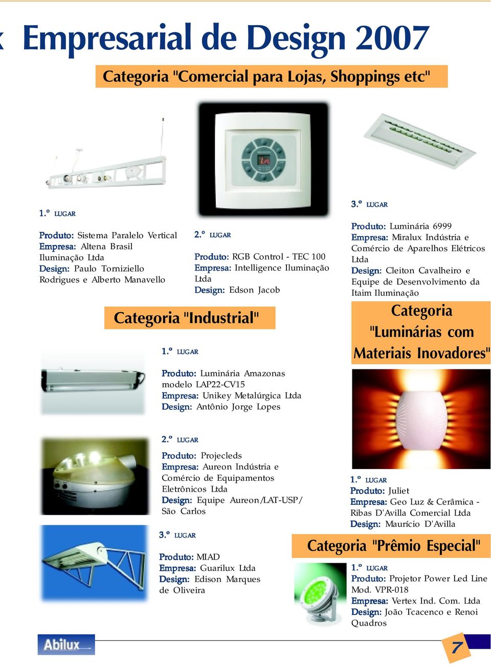 LUGAR Produto: Luminária 6999 Empresa: Miralux Indústria e Comércio de Aparelhos Elétricos Design: Cleiton Cavalheiro e Equipe de Desenvolvimento da Itaim Iluminação "Luminárias com Materiais