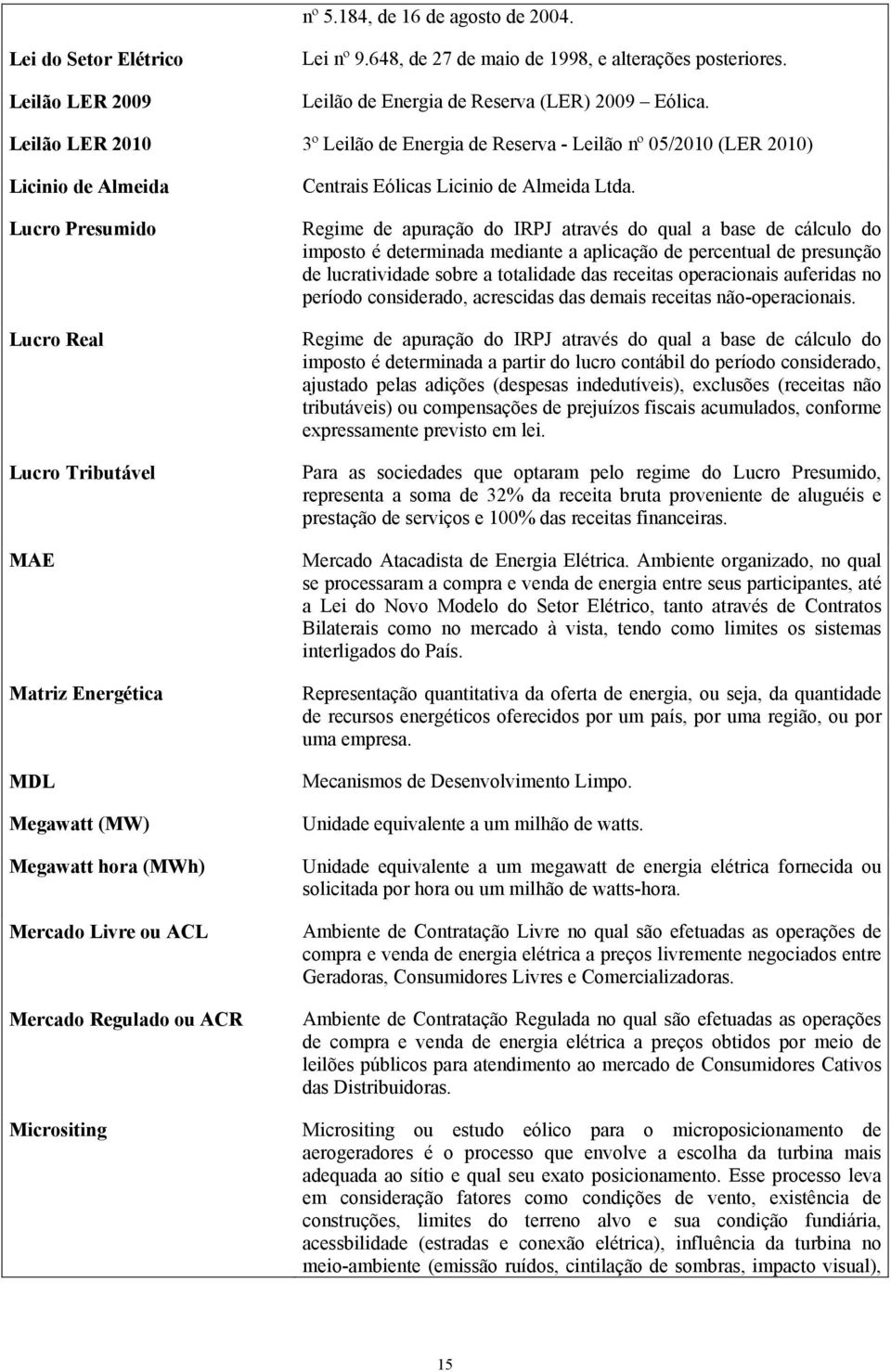 Mercado Livre ou ACL Mercado Regulado ou ACR Micrositing Centrais Eólicas Licinio de Almeida Ltda.