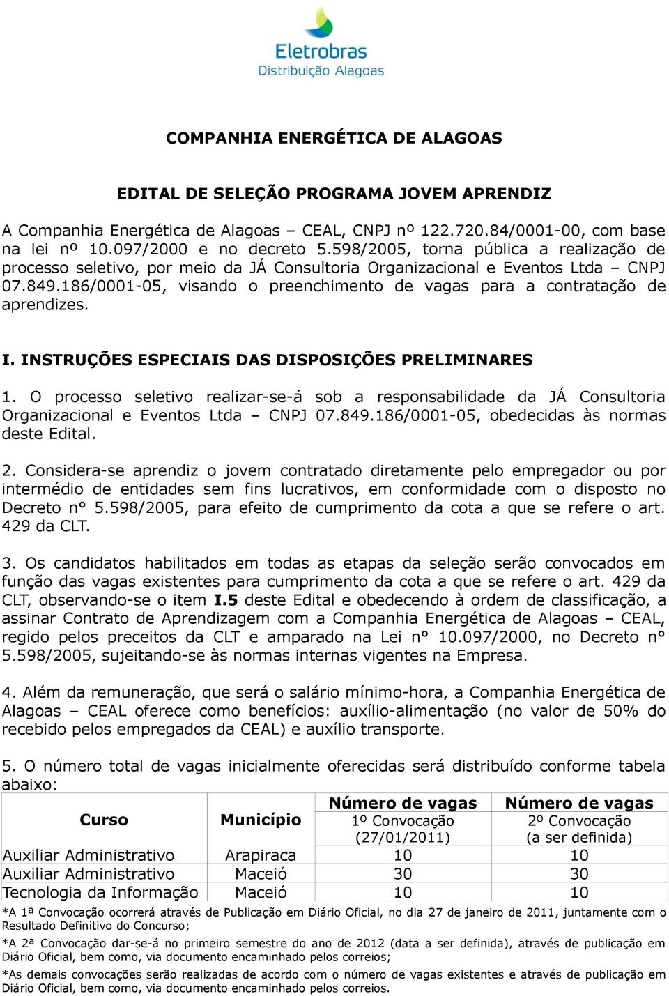 186/0001-05, visando o preenchimento de vagas para a contratação de aprendizes. I. INSTRUÇÕES ESPECIAIS DAS DISPOSIÇÕES PRELIMINARES 1.