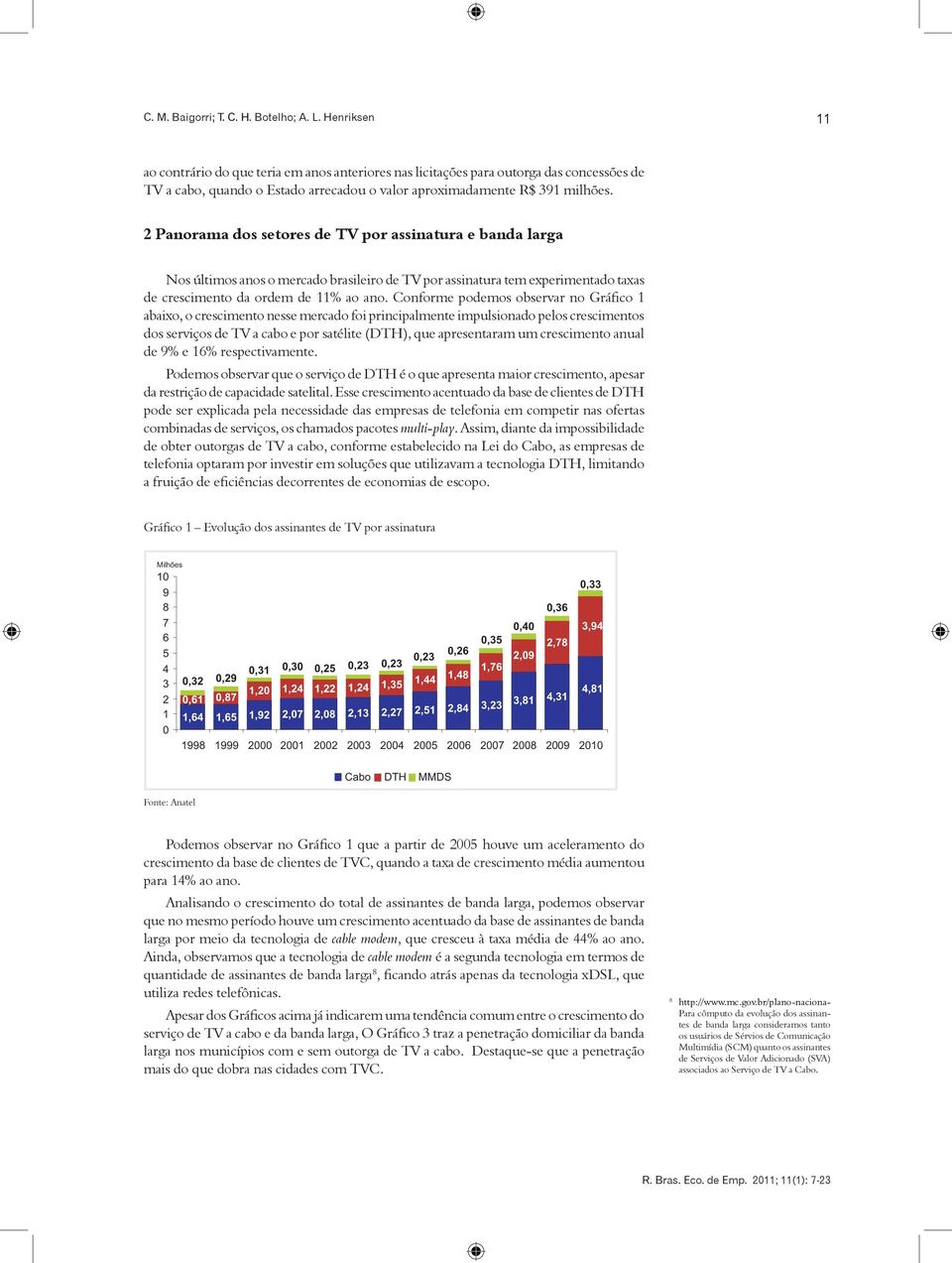 2 Panorama dos setores de TV por assinatura e banda larga Nos últimos anos o mercado brasileiro de TV por assinatura tem experimentado taxas de crescimento da ordem de 11% ao ano.