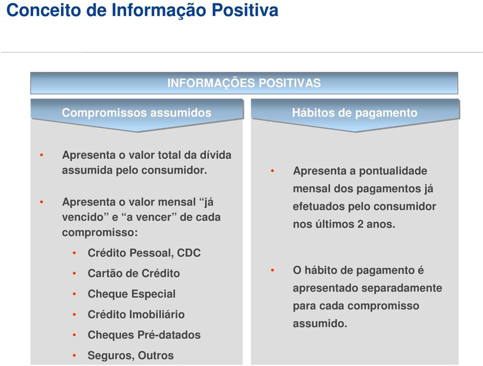 Apresenta o valor mensal já vencido e a vencer de cada compromisso: Crédito Pessoal, CDC Cartão de Crédito Cheque Especial