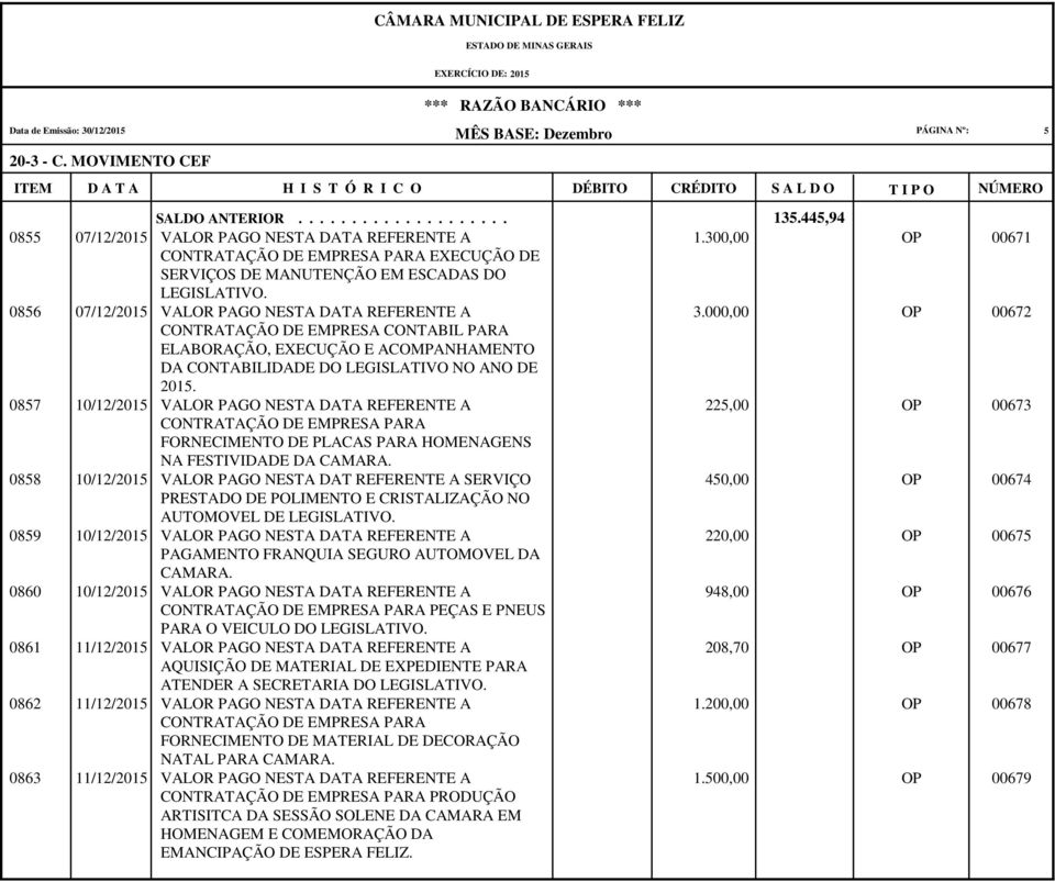 0858 10/12/2015 VALOR PAGO NESTA DAT REFERENTE A SERVIÇO PRESTADO DE POLIMENTO E CRISTALIZAÇÃO NO AUTOMOVEL DE 0859 10/12/2015 VALOR PAGO NESTA DATA REFERENTE A PAGAMENTO FRANQUIA SEGURO AUTOMOVEL DA