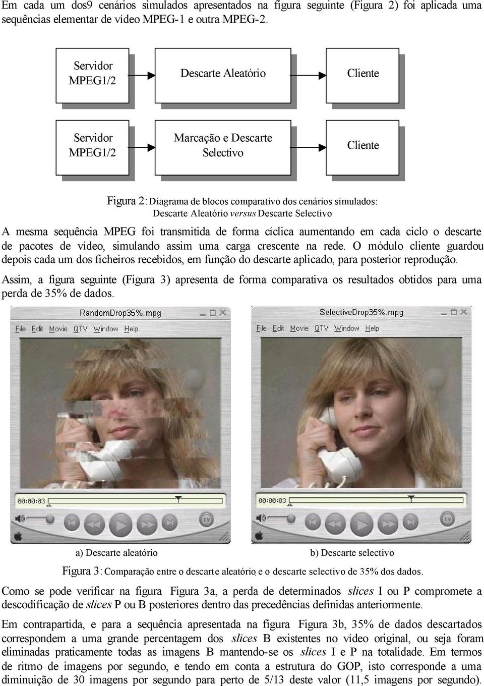 Selectivo A mesma sequência MPEG foi transmitida de forma cíclica aumentando em cada ciclo o descarte de pacotes de vídeo, simulando assim uma carga crescente na rede.