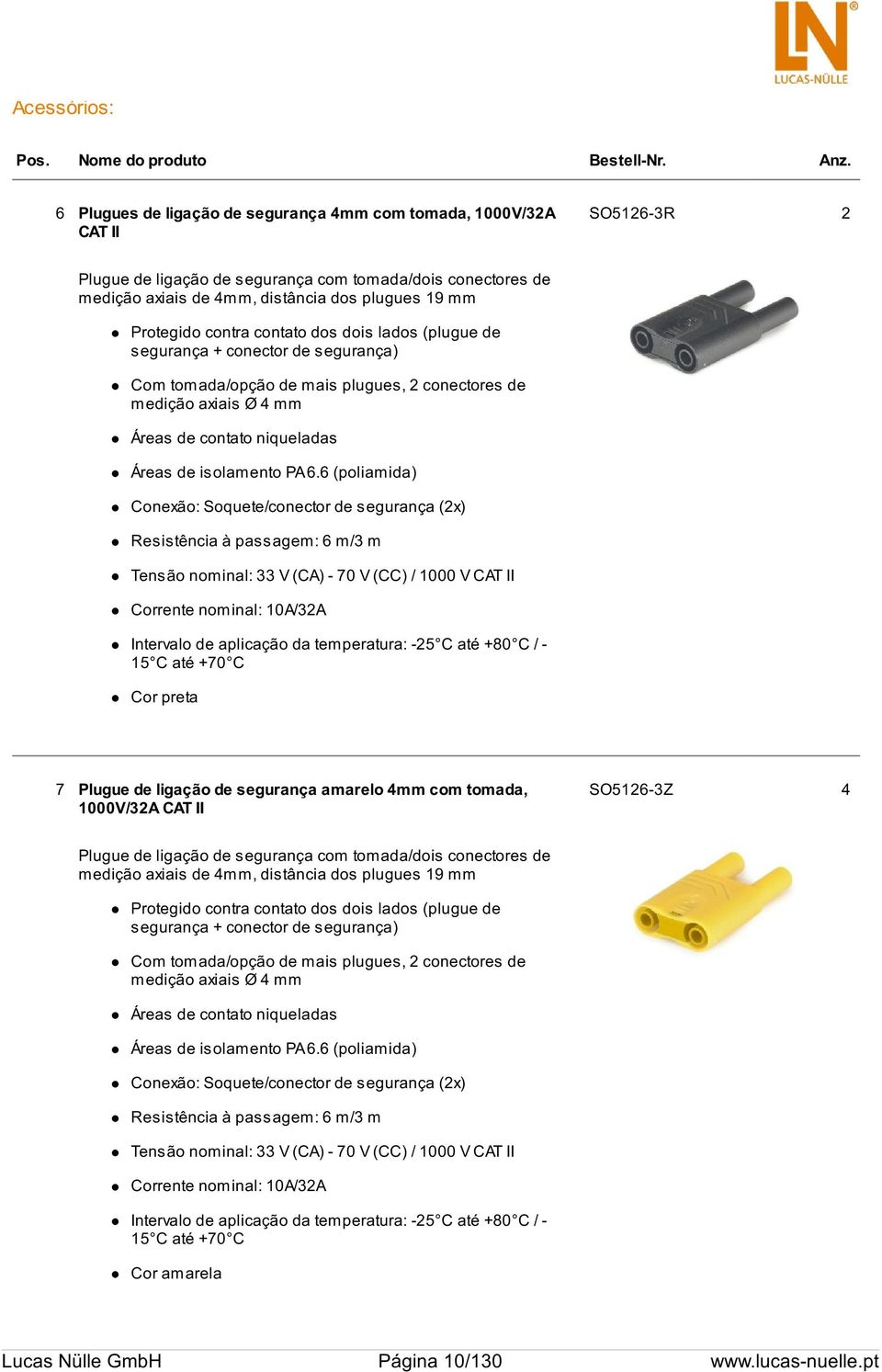 Protegido contra contato dos dois lados (plugue de segurança + conector de segurança) Com tomada/opção de mais plugues, 2 conectores de medição axiais Ø 4 mm Áreas de contato niqueladas Áreas de