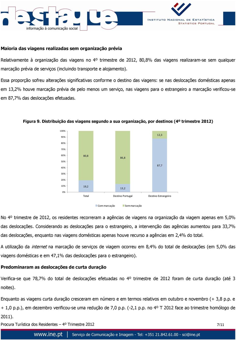 Essa proporção sofreu alterações significativas conforme o destino das viagens: se nas deslocações domésticas apenas em 13,2% houve marcação prévia de pelo menos um serviço, nas viagens para o