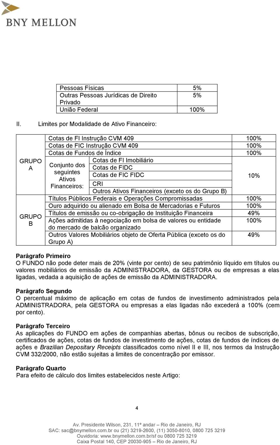 do Grupo B) Títulos Públicos Federais e Operações Compromissadas 100% Ouro adquirido ou alienado em Bolsa de Mercadorias e Futuros 100% Títulos de emissão ou co-obrigação de Instituição Financeira