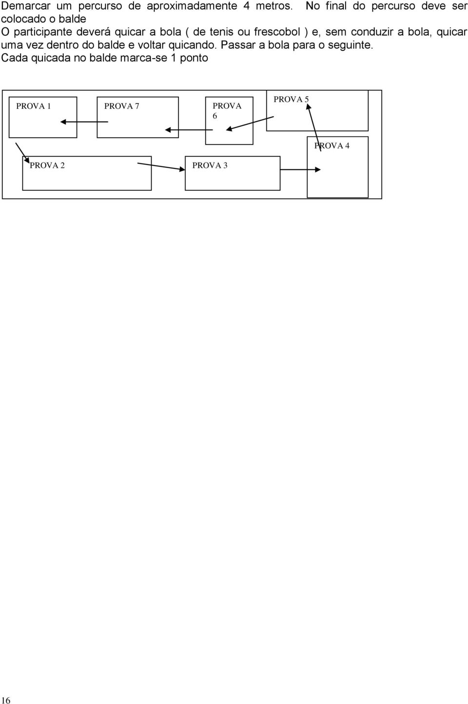 tenis ou frescobol ) e, sem conduzir a bola, quicar uma vez dentro do balde e voltar