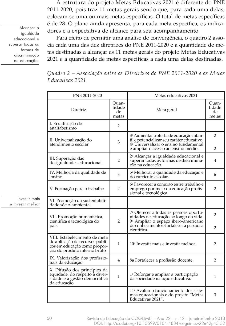 O total de metas específicas é de 8. O plano ainda apresenta, para cada meta específica, os indicadores e a expectativa de alcance para seu acompanhamento.