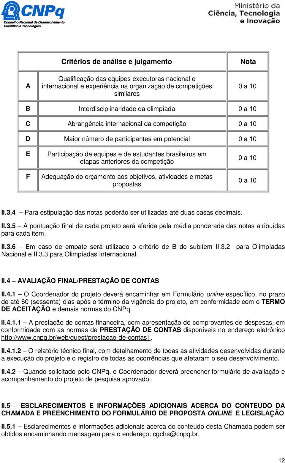 Adequação do orçamento aos objetivos, atividades e metas propostas 0 a 10 0 a 10 II.3.4 Para estipulação das notas poderão ser utilizadas até duas casas decimais. II.3.5 A pontuação final de cada projeto será aferida pela média ponderada das notas atribuídas para cada item.